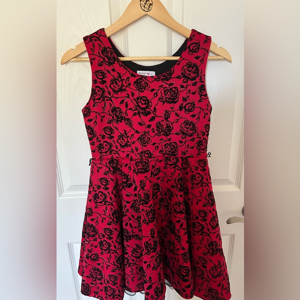 Beautiful Red and Black Floral Festive Holiday girls size 14 Dress